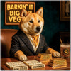 shiba inu in suit at bar table with domino tiles, golden biscuit bars, high rollin’ bones bars, and cocktail under neon Barkin’ it Big in Vegas sign