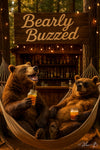 Two relaxed bears enjoying drinks in a hammock at a rustic outdoor bar under a Bearly Buzzed sign