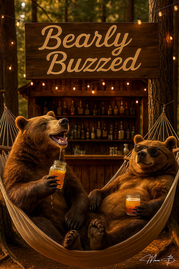 Two relaxed bears enjoying drinks in a hammock at a rustic outdoor bar under a Bearly Buzzed sign
