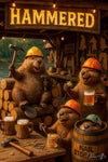 Beavers wearing hard hats enjoying drinks and humorously wielding hammers at a rustic woodworking bar in Hammered artwork