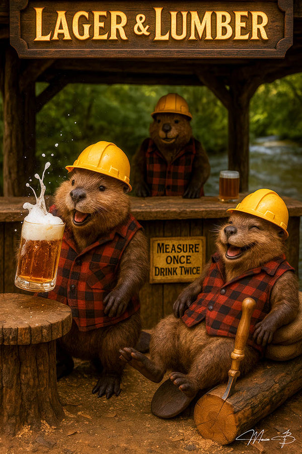 Humorous artwork of beavers in plaid shirts and helmets enjoying beer at their rustic woodworking bar, Measure Once Drink Twice