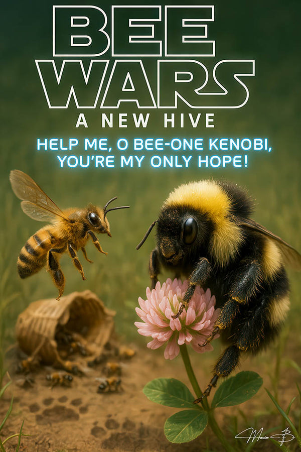 Funny bee artwork parody of Star Wars, Bee Wars A New Hive scene with bees and flowers