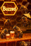 Funny bee artwork showing bees drinking nectar cocktails at a honeycomb bar titled Buzzed