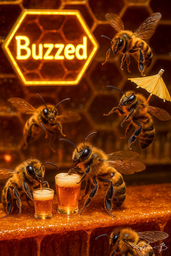 Funny bee artwork showing bees drinking nectar cocktails at a honeycomb bar titled Buzzed