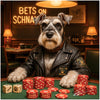 Stylish Schnauzer in leather jacket at poker table with chips and dice