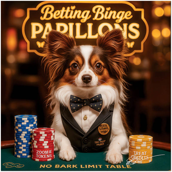 Papillon dog artwork titled Betting Binge Papillons on metal print featuring an upscale casino and poker chips