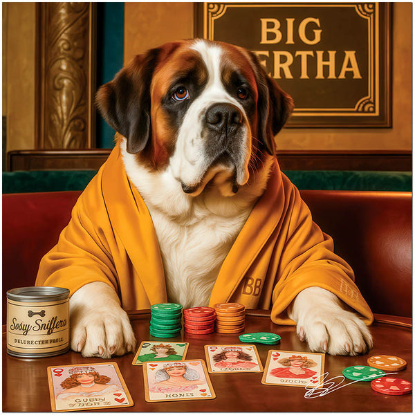 Big Bertha metal print featuring a Saint Bernard in a robe playing poker, humorous luxury dog art