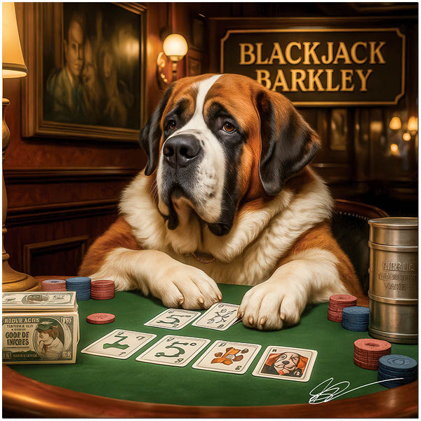 Blackjack Barkley metal print featuring a sophisticated Saint Bernard playing blackjack at a casino-style table