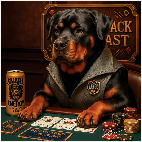 Blackjack Beast metal print featuring a confident Rottweiler playing blackjack with casino chips and a Snarl Energy drink