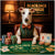 whippet wearing emerald vest and orange bow tie at blackjack table with chips and cards under warm lamp light