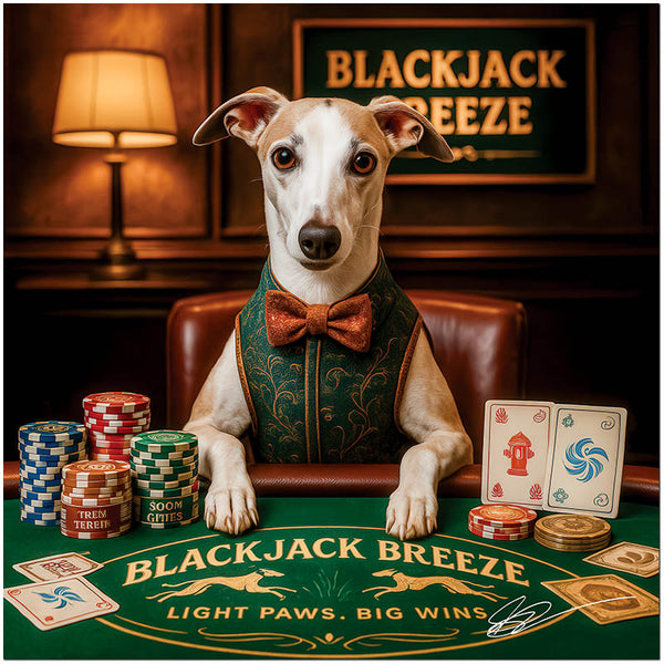 whippet wearing emerald vest and orange bow tie at blackjack table with chips and cards under warm lamp light