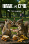 Funny squirrels high-fiving after robbing picnic snacks artwork