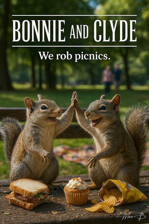 Funny squirrels high-fiving after robbing picnic snacks artwork