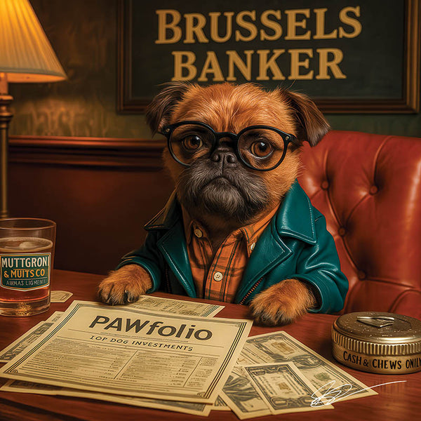 Brussels Griffon dressed as banker reviewing investment papers and drink