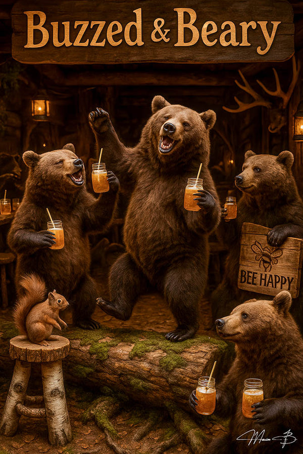 Playful bears celebrating with drinks at a rustic woodland bar alongside a happy squirrel in Buzzed & Beary artwork