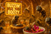 Playful bee artwork featuring bees partying with nectar drinks, flower snacks, and a bee DJ spinning music at a honeycomb bar titled Buzzin and Boozy