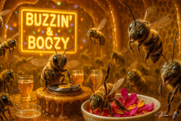 Playful bee artwork featuring bees partying with nectar drinks, flower snacks, and a bee DJ spinning music at a honeycomb bar titled Buzzin and Boozy