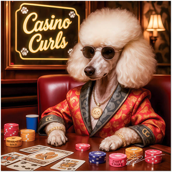 Casino Curls metal print of a stylish Poodle wearing sunglasses and gold jewelry at a luxurious poker table