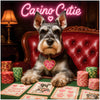 Schnauzer playing poker surrounded by chips and neon lights in Casino Cutie
