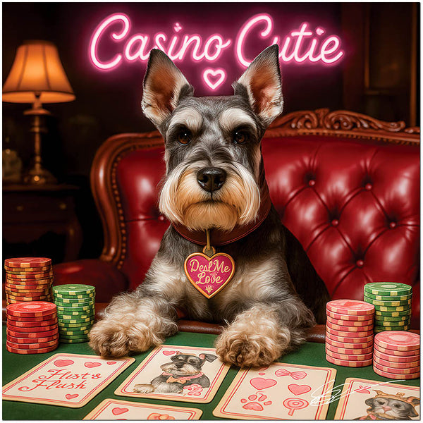 Schnauzer playing poker surrounded by chips and neon lights in Casino Cutie
