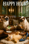 Two Siamese cats stirring and sipping cocktails under a “Happy Hour II” sign on a Metal Print