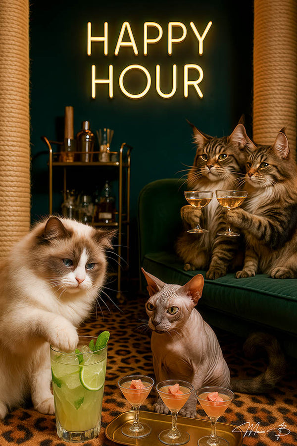 Four cats lounging in a velvet lounge under a neon “Happy Hour” sign, stirring and toasting cocktails on a plush rug
