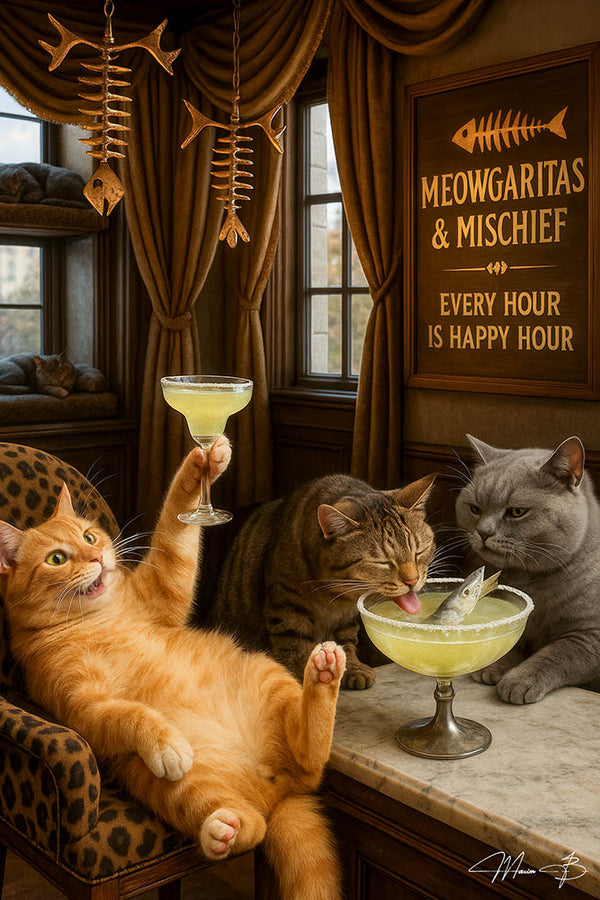 Three cats at a speakeasy bar sipping fish-garnished margaritas under fishbone lamps on a Metal Print