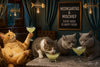 Three cats in a velvet lounge sipping fish-garnished cocktails under fishbone sconces on Metal Print