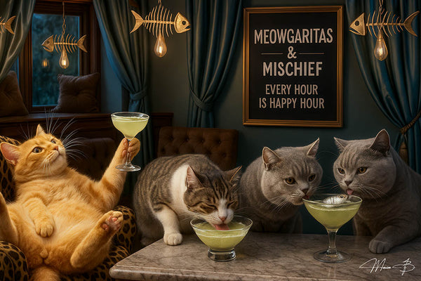 Three cats in a velvet lounge sipping fish-garnished cocktails under fishbone sconces on Metal Print
