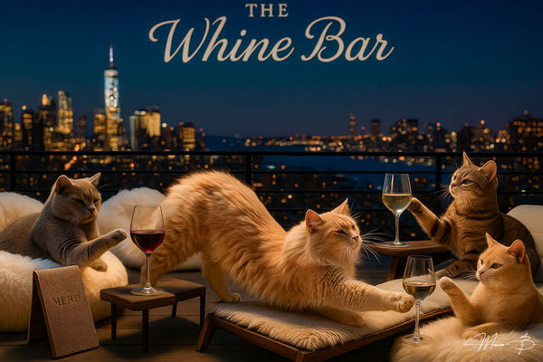 Four cats at a rooftop lounge sipping white and red wine glasses under a “The Whine Bar” sign on a Metal Print