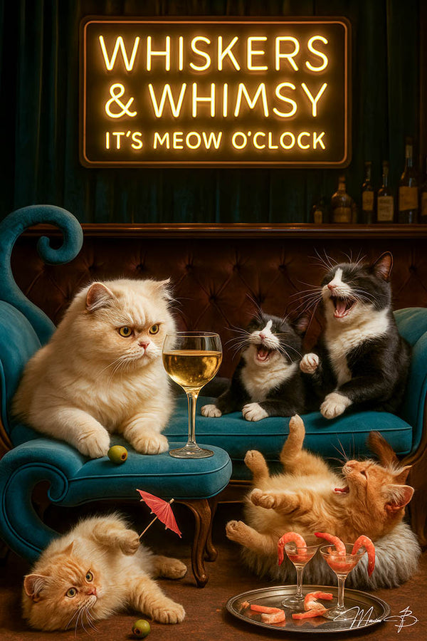 Five cats in a velvet lounge sipping cocktails and wine under a “Whiskers & Whimsy It’s Meow O’Clock” sign on a Metal Print