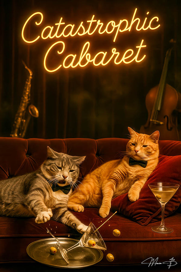 Two sophisticated cats in bow ties causing humorous chaos by knocking over cocktails at Catastrophic Cabaret