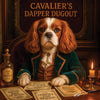 King Charles Cavalier in a cravat and emerald jacket seated at a candlelit desk with parchment documents, wooden tokens, and a sign reading Cavalier’s Dapper Dugout.