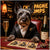 scottish terrier in tuxedo at velvet table with champagne flute, bottle, custom playing cards and poker chips