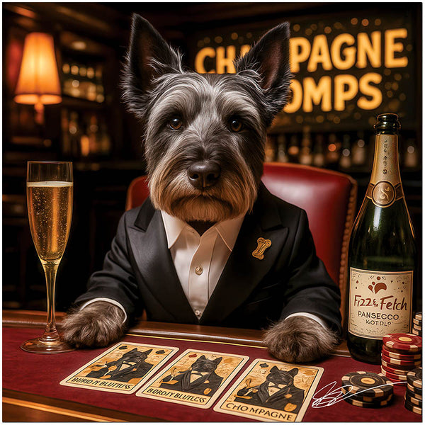 scottish terrier in tuxedo at velvet table with champagne flute, bottle, custom playing cards and poker chips