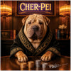 regal shar pei in embroidered velvet robe at lounge table with stacks of gold bronze and silver tokens under a Cher Pei sign
