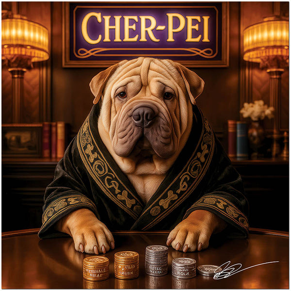 regal shar pei in embroidered velvet robe at lounge table with stacks of gold bronze and silver tokens under a Cher Pei sign