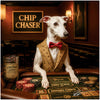 whippet wearing red bow tie at casino table with chips jar of chomp chips and sign