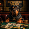 Chip Collector Charlie metal print featuring a distinguished Rottweiler playing poker surrounded by poker chips and cards