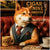 shiba inu in suit smoking a cigar in a leather booth with a Cup of Doge coffee mug and dog magazines under a Cigar Canine Clubhouse sign