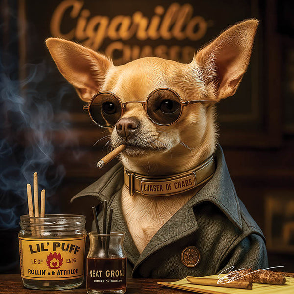 Cigarillo Chaser Chihuahua with sunglasses and cigar in vintage lounge