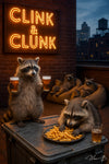 A raccoon holding two pints of beer atop a metal trash can lid, another raccoon eating fries, and two lounging in burlap sacks under a neon “Clink & Clunk” sign on a rooftop bar at dusk