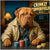 Shar Pei in leather jacket at high-rise bar table with red blue and gold poker chips under a Crinkly Copperfield neon sign