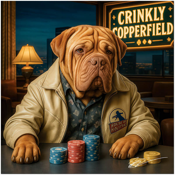 Shar Pei in leather jacket at high-rise bar table with red blue and gold poker chips under a Crinkly Copperfield neon sign