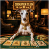 whippet in gold collar dealing cards and coins at poker table under a croupier cleo neon sign