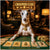 whippet in gold collar dealing cards and coins at poker table under a croupier cleo neon sign