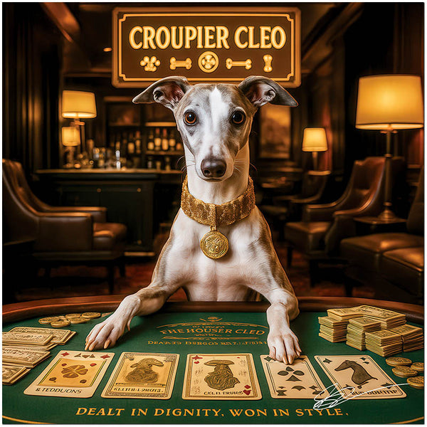 whippet in gold collar dealing cards and coins at poker table under a croupier cleo neon sign