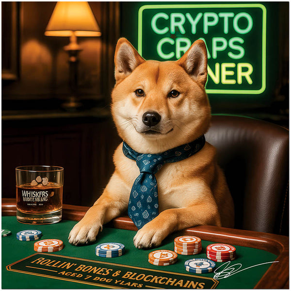 shiba inu in tie at craps table with bitcoin chip stacks and tumbler of whiskey under neon Crypto Craps Corner sign