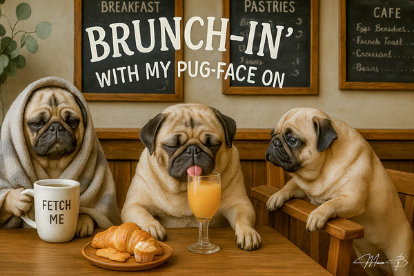Three pugs in a café with coffee, orange juice, and croissants under the words “Brunch-in’ With My Pug-Face On”