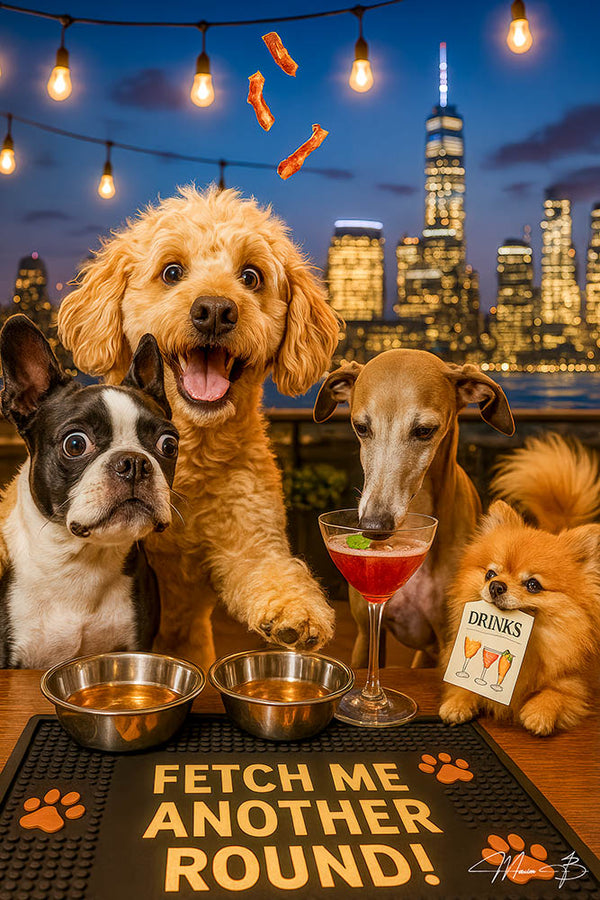 A Labradoodle pawing empty bowls, a whippet sipping a spritz, a Pomeranian holding a menu, and a Boston terrier under a “Fetch Me Another Round!” sign on a Metal Print
